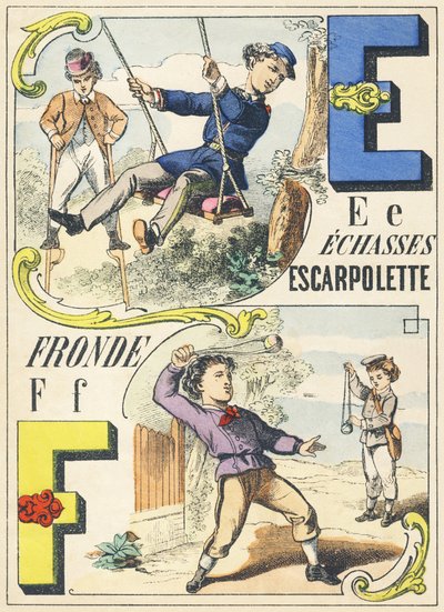 E F: zancos, columpio, honda - Alfabeto de juegos, c.1890 de Unbekannt