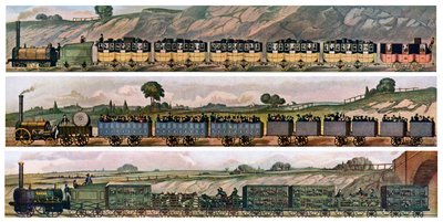 Primeros vagones de ferrocarril, el ferrocarril de Liverpool y Manchester, Inglaterra, 1831, c1900-1920 de Unbekannt