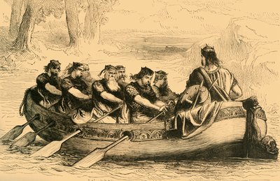 Edgar el Pacífico siendo remado por el río Dee por ocho príncipes tributarios de Unbekannt