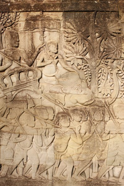 Elefantes y guerreros, Escultura en relieve en la Galería Exterior Este en Bayon, Siem Reap, Camboya de Unbekannt