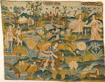 Imagen bordada: Hombre con un león en un paisaje con dos parejas, segunda mitad del siglo XVII de Unbekannt