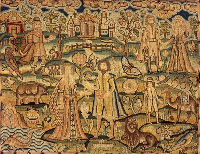 Panel de bordado mostrando personas, flores, insectos, peces y animales, siglo XVII de Unbekannt