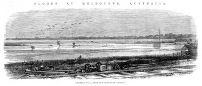 Colina Esmeralda, desde el Ferrocarril Suburbano - Inundaciones en Melbourne, Australia, 1864 de Unbekannt