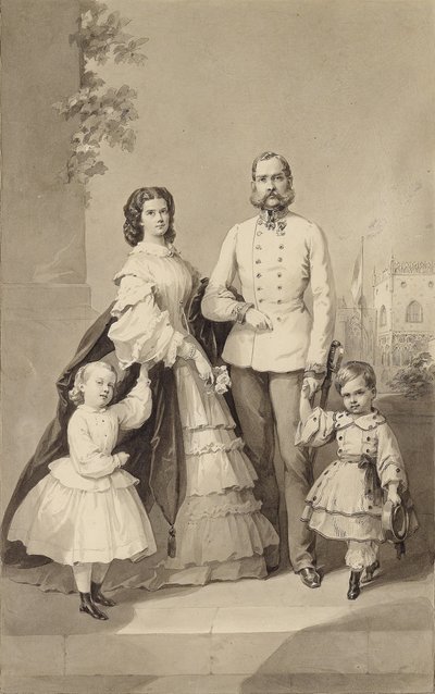 Emperador Francisco José I con la emperatriz Isabel y sus hijos, ca. 1860 de Unbekannt