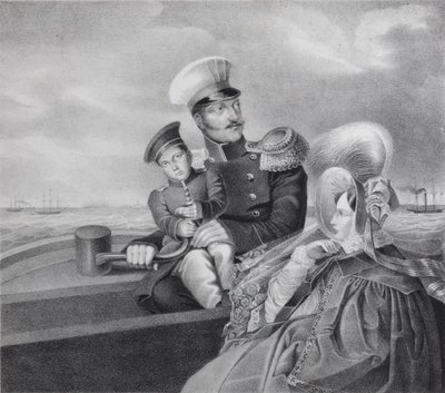 Emperador Nicolás I y la Emperatriz Alexandra Fyodorovna con su hijo Konstantin Nikolaevich en un paseo en bote de Unbekannt