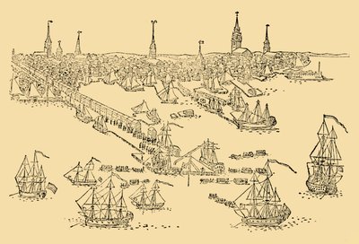 Barcos de guerra ingleses en Boston donde tuvo lugar la Fiesta del Té en 1768, c. 1930 de Unbekannt