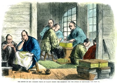Enviados del Príncipe japonés de Nagato pagando la indemnización por el asunto de Simonosaki, 1865 de Unbekannt