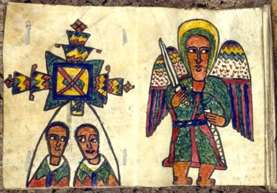 Libro de oraciones etíope mostrando un ángel con una espada y dos hombres, posiblemente sacerdotes de Unbekannt