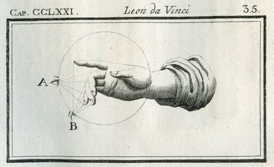 Estudio sobre la percepción de los dedos de una mano en movimiento. Grabado de “Tratado de la pintura” de Leonardo da Vinci (1452-1519). “Trattato della pittura di Lionardo da Vinci,” Milán, Società tipografica de Unbekannt