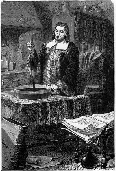 Evangelista Torricelli, físico italiano, inventando el barómetro de mercurio, 1643 1873 de Unbekannt