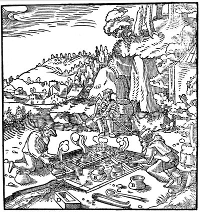 Evaporación de salmuera en una fuente termal natural para obtener sal, 1556 de Unbekannt