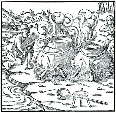Evaporando agua de mar en ollas de hierro para obtener sal, 1556 de Unbekannt