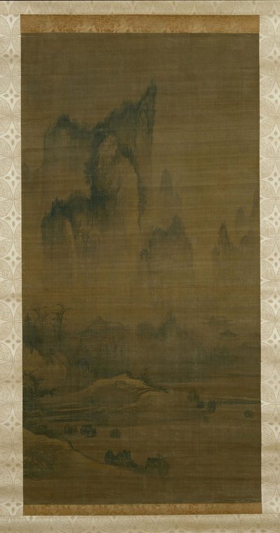 Campana vespertina del templo envuelto en niebla, Luna de otoño sobre el lago Dongting derecho, ca. 1450-1500 de Unbekannt