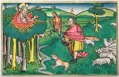 Éxodo 3:1-22 y 4:1-4: la zarza ardiente y Dios armando a Moisés con la vara milagrosa de Unbekannt