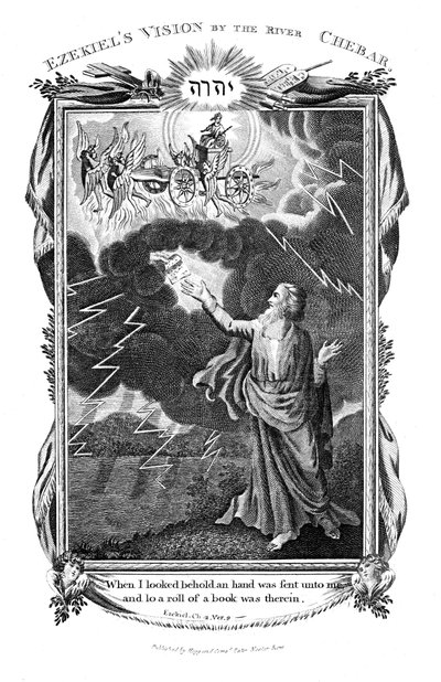 La visión de Ezequiel de un carro en el cielo y una mano en las nubes sosteniendo un libro hacia él, 1804 de Unbekannt