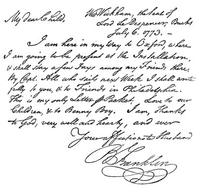 Facsímil de una carta de Benjamin Franklin a su esposa, 1773 c1880 de Unbekannt