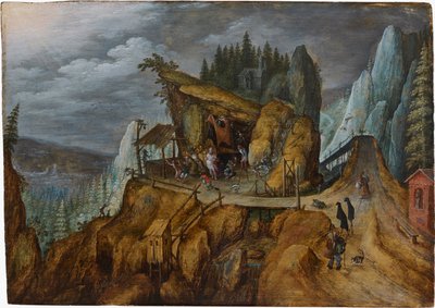 Paisaje rocoso fantástico con la tentación de San Antonio, 1600 de Unbekannt
