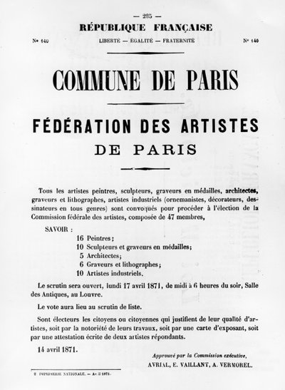 Federación de Artistas, de los carteles políticos franceses de la Comuna de París, mayo 1871 de Unbekannt