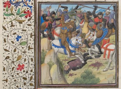 Lucha entre cristianos y sarracenos bajo Saladino. Miniatura de la Historia de Guillermo de Tiro, 1460s de Unbekannt