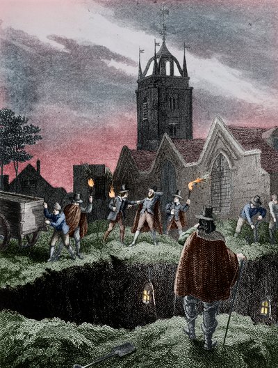 Llenando una fosa común por la noche durante la Plaga de Londres, c1665 de Unbekannt