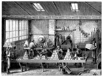 Llenado y soldadura de latas de comida, Francia, c1870 de Unbekannt