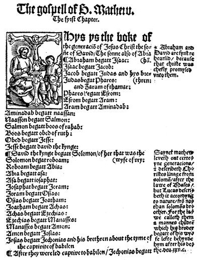 Primera página del Evangelio de San Mateo del Nuevo Testamento en inglés de William Tyndale, 1525 de Unbekannt