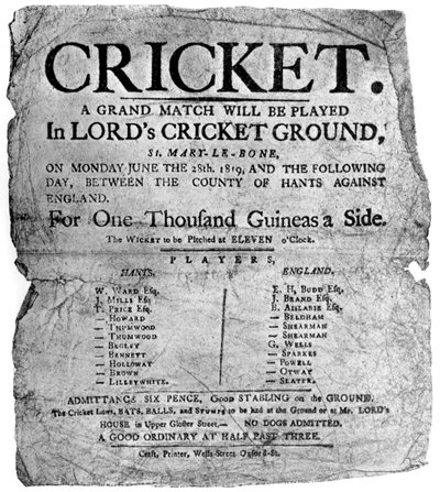 Folleto publicitario de un partido de cricket entre Hampshire e Inglaterra, 1819 1912 de Unbekannt