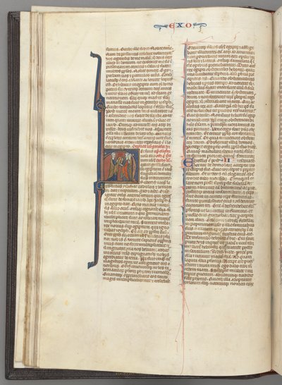 Fol. 20v, Éxodo, inicial historiada H, Moisés y dos seguidores con las tablas de la ley, c. 127 de Unbekannt