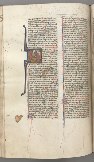 Fol. 220v, Salmo 38, inicial historiada D, David arrodillado, gesticulando hacia el busto de Dios arriba, c. 1 de Unbekannt