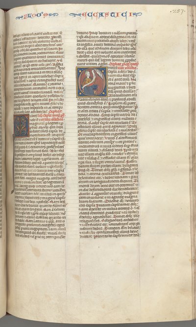Fol. 257r, Eclesiástico, inicial historiada O, Sirach sentado con un pergamino, busto de Dios arriba de Unbekannt