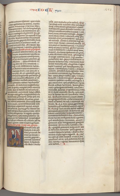 Fol. 353r, Joel, inicial historiada V, Joel sentado con un pergamino, busto de Dios arriba de Unbekannt