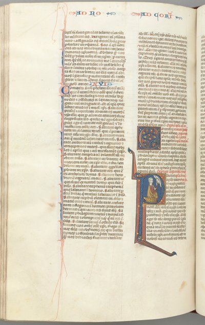 Fol. 440v, Corintios I, inicial historiada P, Pablo arrodillado hablando con el busto de Dios arriba de Unbekannt