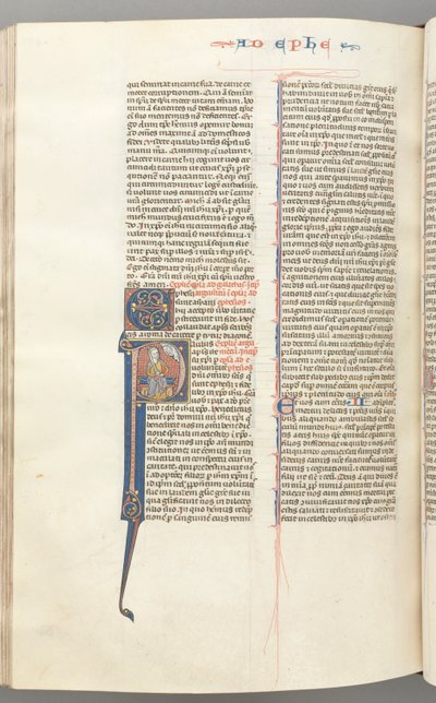 Fol. 450v, Efesios, inicial historiada P, Pablo sentado con una espada, el busto de Dios arriba, c. 127 de Unbekannt