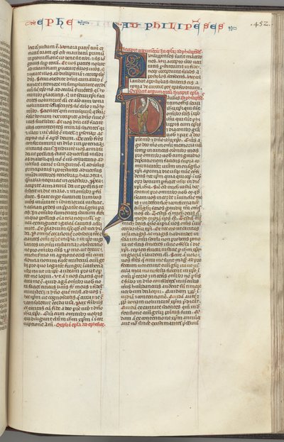 Fol. 452r, Filipenses, inicial historiada P, Pablo de pie con una espada y un pergamino, hablando con t de Unbekannt