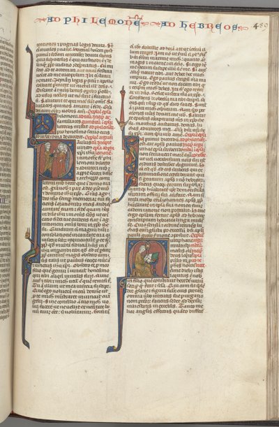 Fol. 459r, Filemón, inicial historiada P, Pablo dirigiéndose a tres hombres y hebreos de Unbekannt