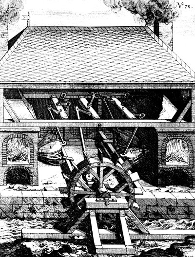 Forja con fuelles accionados por una rueda hidráulica a través de manivelas, 1673 de Unbekannt
