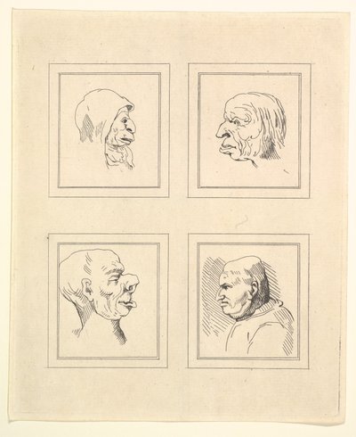 Cuatro cabezas de Caricaturas de Leonardo da Vinci, de dibujos de Wincelslaus Hollar, o..., 1786 de Unbekannt