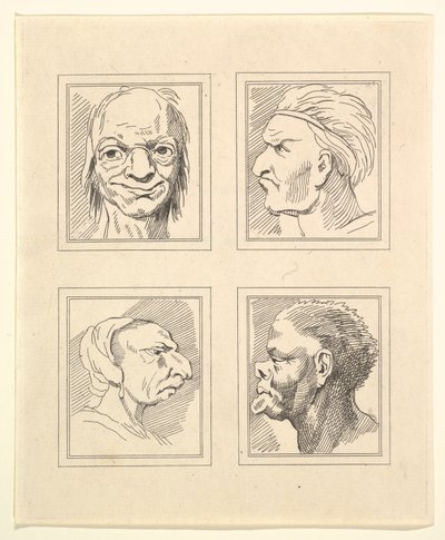 Cuatro cabezas de Caricaturas de Leonardo da Vinci, de dibujos de Wincelslaus Hollar, o..., 1786 de Unbekannt
