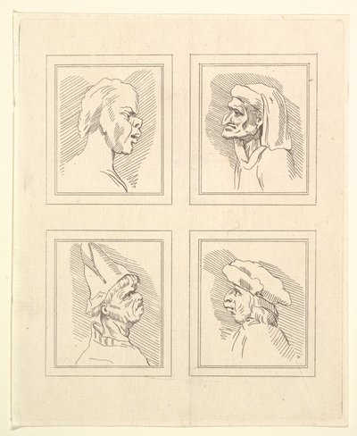 Cuatro cabezas de caricaturas de Leonardo da Vinci, de dibujos de Wincelslaus Hollar, o..., 1786 de Unbekannt