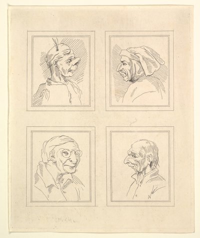Cuatro cabezas de caricaturas de Leonardo da Vinci, de dibujos de Wincelslaus Hollar, 1786 de Unbekannt