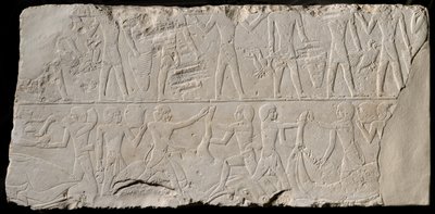 Fragmento de una pared de tumba que representa portadores de ofrendas y carniceros, Egipto, Reino Antiguo de Unbekannt