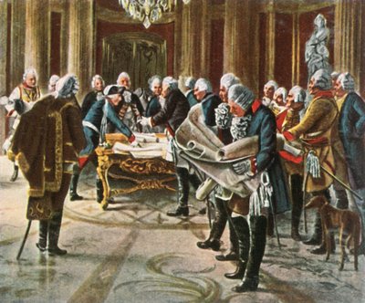 Federico el Grande sostiene un consejo de guerra con sus generales, agosto de 1756, 1936 de Unbekannt