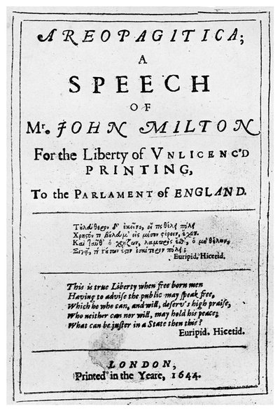 Libertad de prensa: página de título de Areopagitica de John Milton, 1644, 1956 de Unbekannt