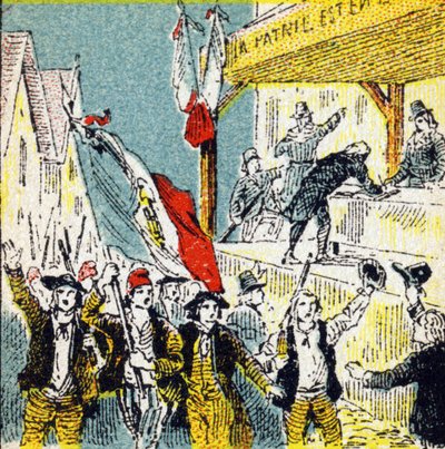 Revolución Francesa: los coros voluntarios de los revolucionarios. Grabado en "Histoire de France". Serie de imágenes publicitarias publicadas en nombre de Louit, 24 rue d