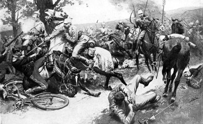 Caballería francesa atacando tropas alemanas, Primera Guerra Mundial, 1914 de Unbekannt