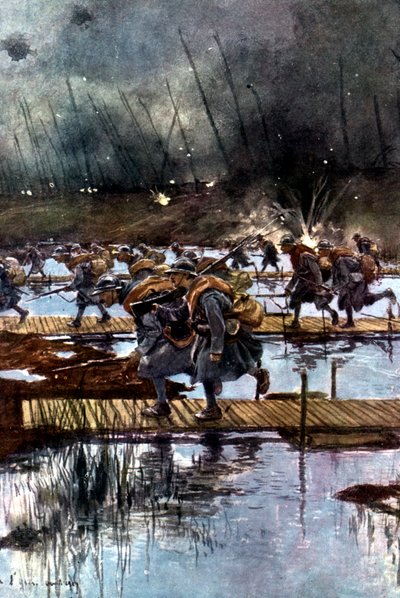 El 1er Cuerpo de Infantería francés cruzando el canal de Yser, Primera Guerra Mundial, 4:45 am, 31 de julio de 1917 de Unbekannt