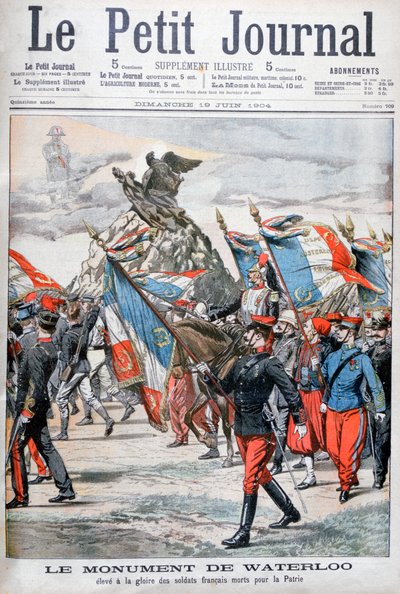 Tropas francesas desfilando frente al monumento a la batalla de Waterloo, 1904 de Unbekannt