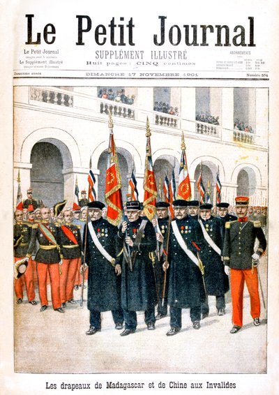 Veteranos de guerra franceses portando banderas de las campañas de Madagascar y China, 1901 de Unbekannt