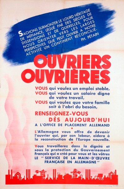 Cartel de trabajadores franceses para Alemania, c1942-1944 de Unbekannt