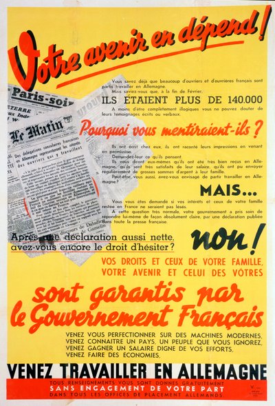 Póster de trabajadores franceses para Alemania, c1942-c1944 de Unbekannt